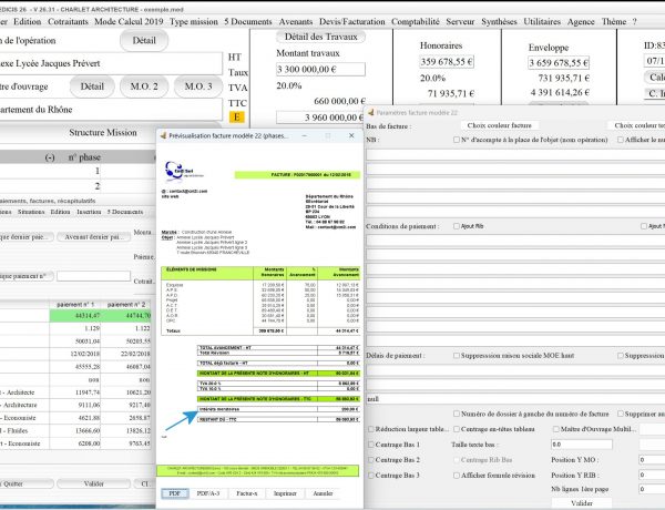 nouvelle gestion des intérêts moratoires sur le modèle 22 de facture du logiciel facturation d'honoraires de maîtrise d'oeuvre Médicis Mac et PC v26.31