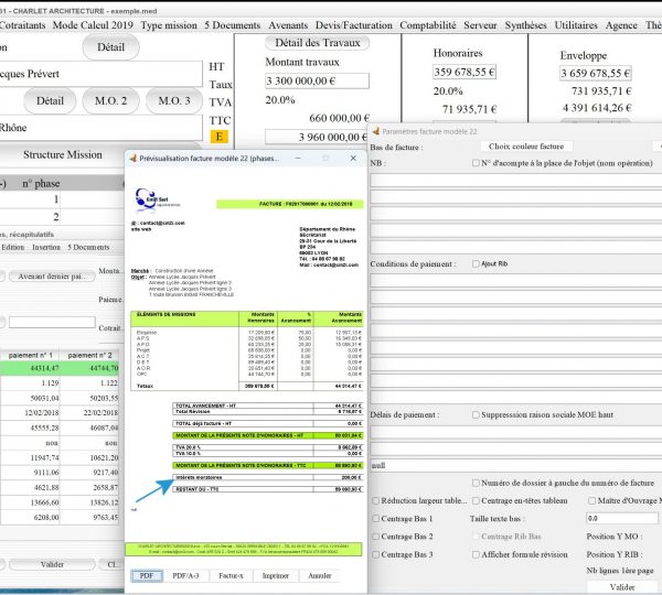 nouvelle gestion des intérêts moratoires sur le modèle 22 de facture du logiciel facturation d'honoraires de maîtrise d'oeuvre Médicis Mac et PC v26.31