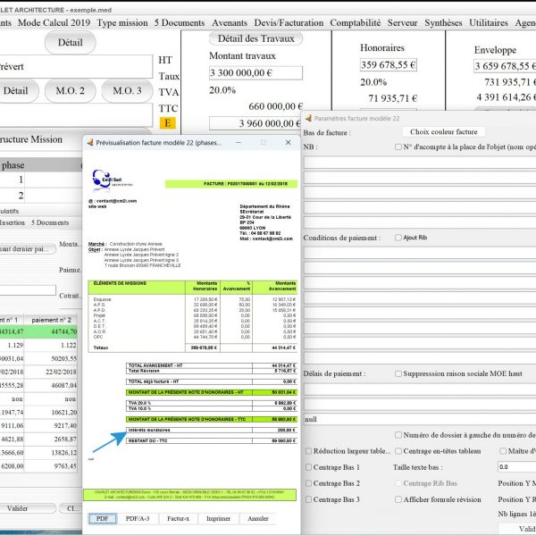 nouvelle gestion des intérêts moratoires sur le modèle 22 de facture du logiciel facturation d'honoraires de maîtrise d'oeuvre Médicis Mac et PC v26.31