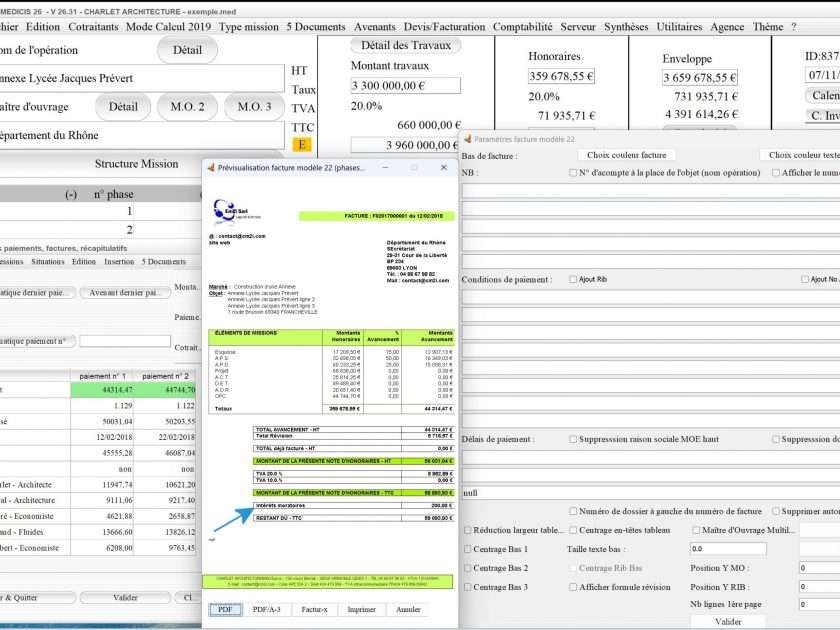 nouvelle gestion des intérêts moratoires sur le modèle 22 de facture du logiciel facturation d'honoraires de maîtrise d'oeuvre Médicis Mac et PC v26.31