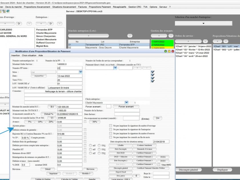 nouvelle gestion des primes sur les situations sur le logiciel de suivi de chantier Gescant Mac et PC v20.25