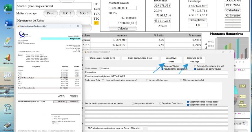 nouvelle gestion des entêtes et pieds de page sur le modèle 1 devis de propositions d'honoraires Architecte Médicis Mac et PC v26.32