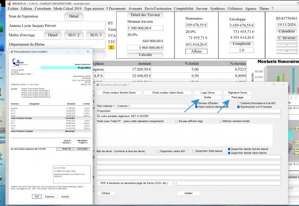 nouvelle gestion des entêtes et pieds de page sur le modèle 1 devis de propositions d'honoraires Architecte Médicis Mac et PC v26.32