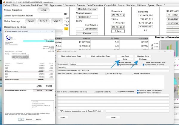 nouvelle gestion des entêtes et pieds de page sur le modèle 1 devis de propositions d'honoraires Architecte Médicis Mac et PC v26.32