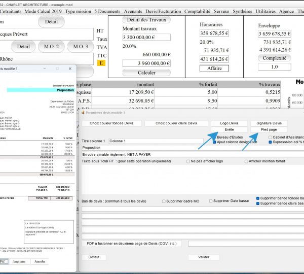 nouvelle gestion des entêtes et pieds de page sur le modèle 1 devis de propositions d'honoraires Architecte Médicis Mac et PC v26.32