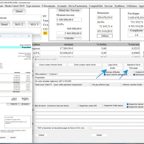 nouvelle gestion des entêtes et pieds de page sur le modèle 1 devis de propositions d'honoraires Architecte Médicis Mac et PC v26.32