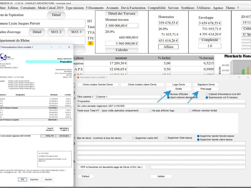 nouvelle gestion des entêtes et pieds de page sur le modèle 1 devis de propositions d'honoraires Architecte Médicis Mac et PC v26.32
