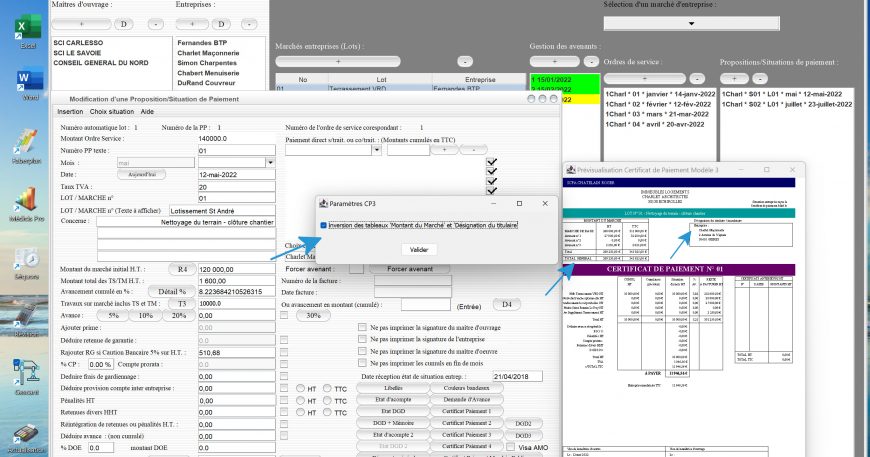 nouvelle possibilité d'inversion des tableaux du certificat de paiement n3 du logiciel de suivi de chantier Gescant Mac et PC v20.25