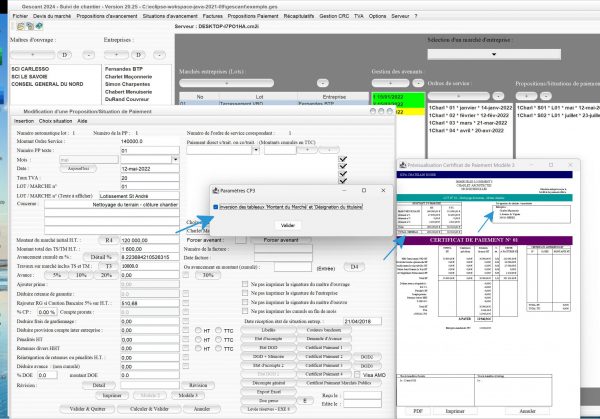 nouvelle possibilité d'inversion des tableaux du certificat de paiement n3 du logiciel de suivi de chantier Gescant Mac et PC v20.25