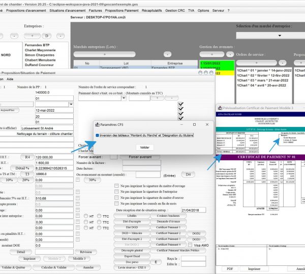 nouvelle possibilité d'inversion des tableaux du certificat de paiement n3 du logiciel de suivi de chantier Gescant Mac et PC v20.25