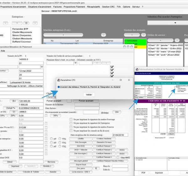 nouvelle possibilité d'inversion des tableaux du certificat de paiement n3 du logiciel de suivi de chantier Gescant Mac et PC v20.25