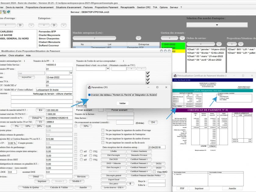 nouvelle possibilité d'inversion des tableaux du certificat de paiement n3 du logiciel de suivi de chantier Gescant Mac et PC v20.25