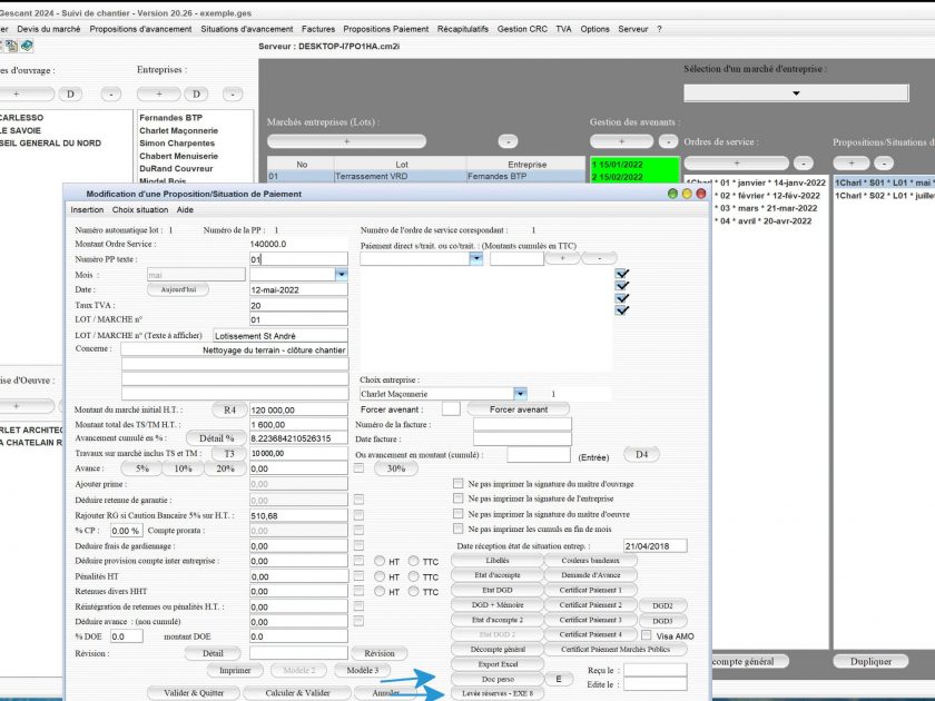 nouveaux champs avenants pour le document perso et le pv de levée des réserves du logiciel de suivi de chantier Gescant Mac et PC v20.26