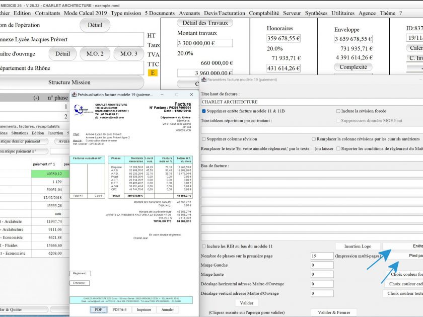 nouvelle gestion des entêtes et pieds de page sur le modèle 19 de facture du logiciel de facturation d'honoraires Architecte Médicis Mac et PC v26.32