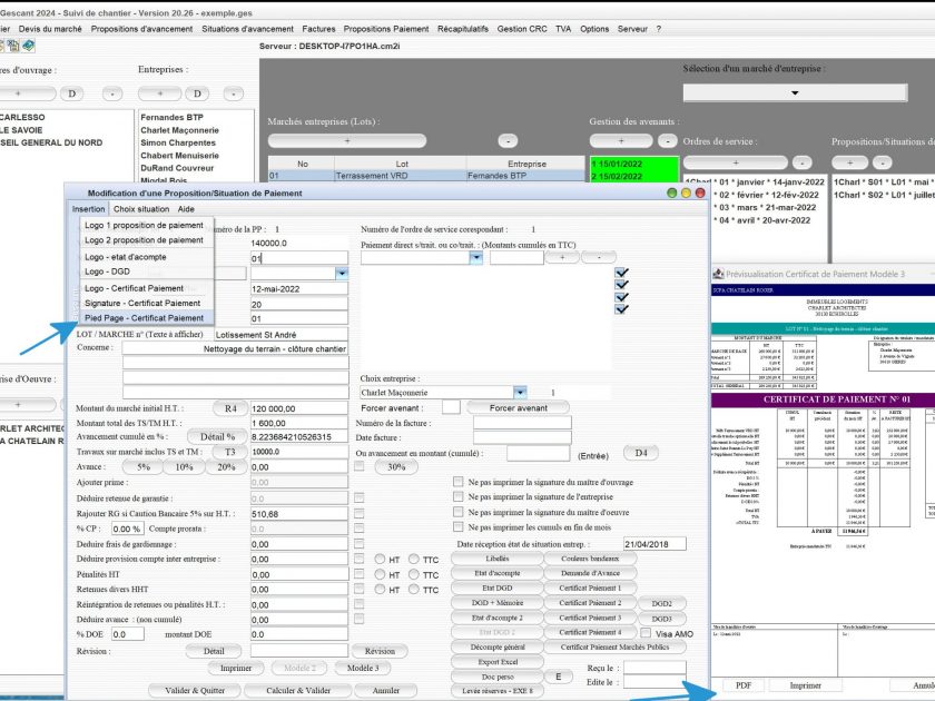 nouvelle insertion de pied de page sur le modèle 3 de certificat de paiement du logiciel de suivi de chantier Gescant Mac et PC v20.26