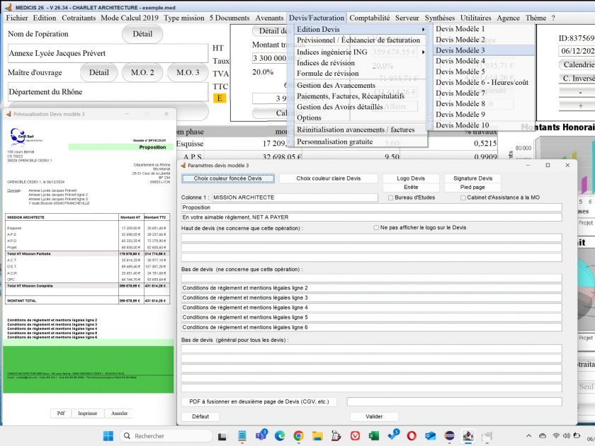 nouvelle gestion des entêtes et pieds de page du logiciel de proposition d'honoraires Architecte Médicis Mac et PC v26.34