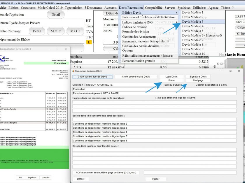 nouvelle gestion entête pied de page modèle 3 de proposition logiciel proposition d honoraires Architecte Médicis Mac et PC v26.34