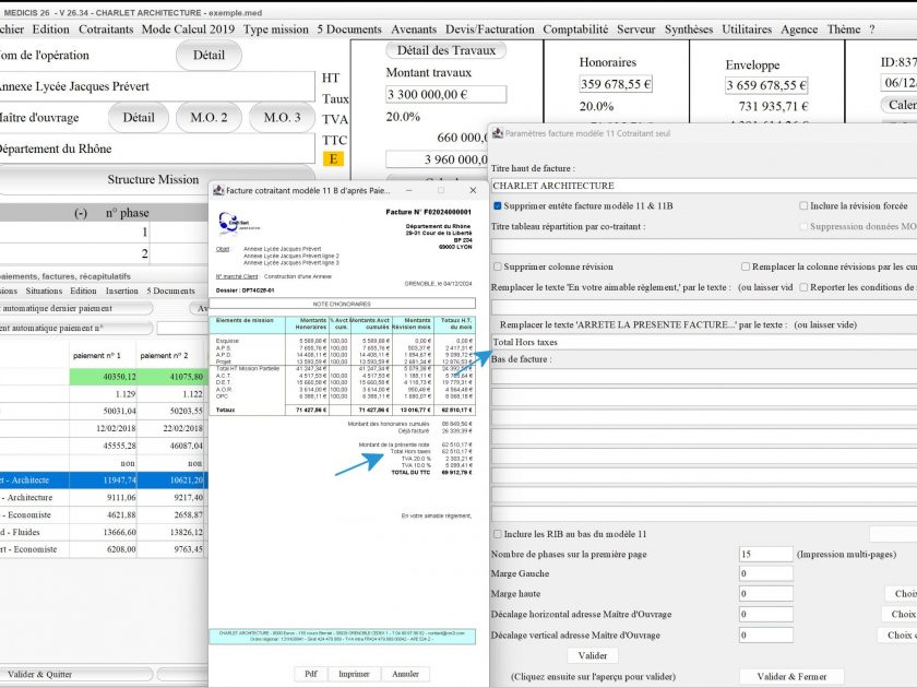 plusieurs amélioration du modèle 11B de facture par cotraitant du logiciel de facturation d'honoraires Architectes Médicis Mac et PC v26.34