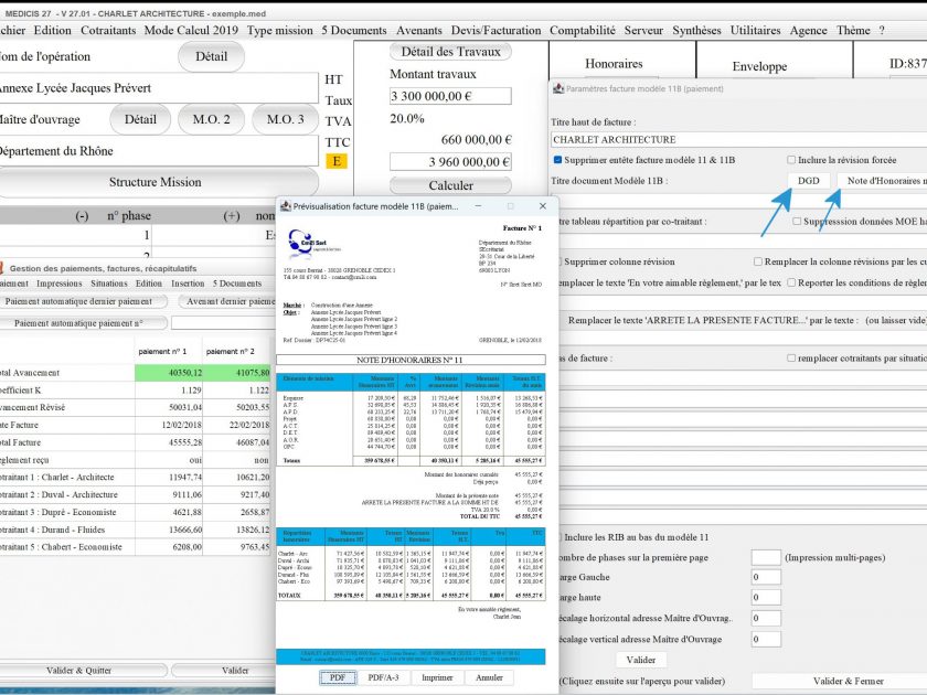 nouveau bouton DGD Décompte Général Définitif logiciel de facturation modèle 11B facture d'honoraires de maîtrise d'oeuvre Médicis Mac et PC v27.01