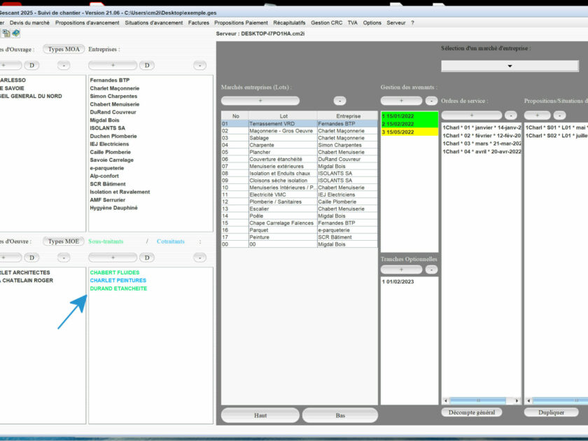 nouveaux codes de couleurs des cotraitants et sous-traitants du logiciel de suivi de chantier Gescant Mac et PC v21.06