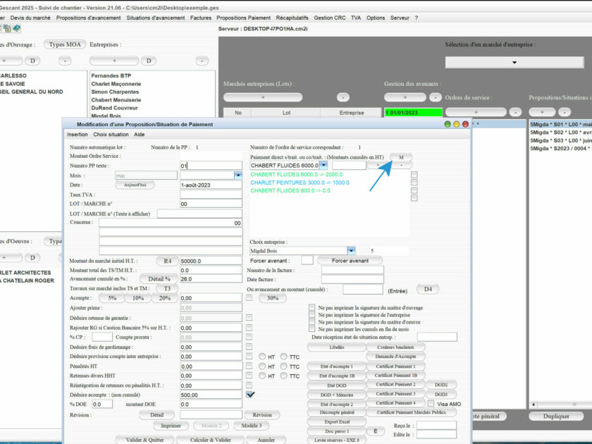 nouvelle possibilité de modification des paiements directs cotraitant / sous traitant du logiciel de suivi de chantier Gescant Mac et PC v21.06