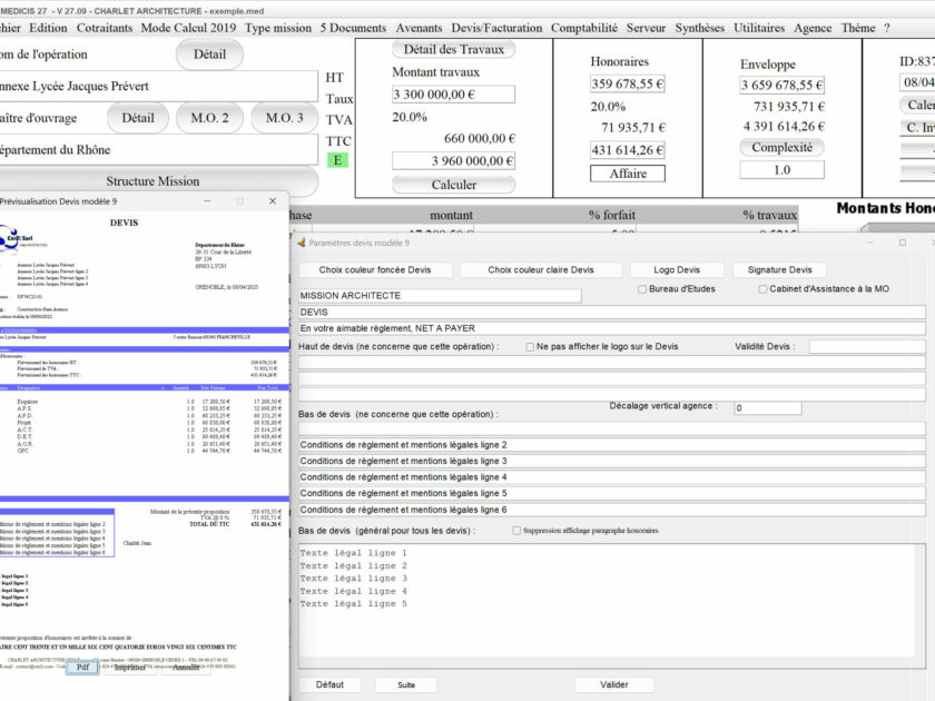 Capture du logiciel Médicis Mac et PC version 27.09 illustrant l’amélioration de la partie basse dans le modèle 9 des devis pour la maîtrise d’œuvre