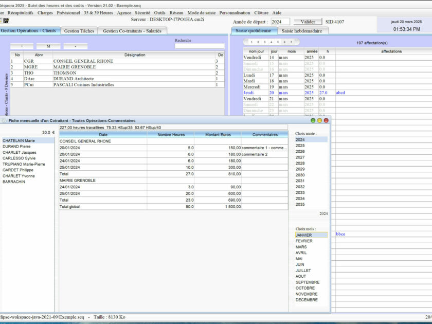 Capture du logiciel de pointage Sequora version 21.02 montrant l’amélioration de la fiche mensuelle salarié avec affichage de toutes les opérations