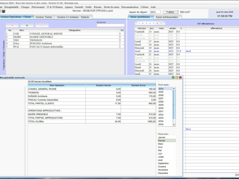 Capture du logiciel de pointage Sequora version 21.02 illustrant l’amélioration de la fiche mensuelle regroupant tous les salariés