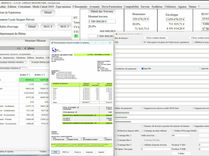 Capture du logiciel Médicis Mac et PC version 27.08 illustrant l’amélioration de la gestion du bandeau supérieur dans le modèle 22 des factures pour la maîtrise d’œuvre