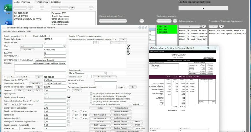 Capture du logiciel Gescant Mac et PC version 21.07 montrant l’amélioration du modèle 3 du certificat de paiement pour le suivi de chantier en maîtrise d’œuvre