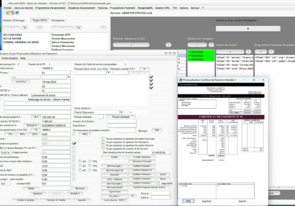 Capture du logiciel Gescant Mac et PC version 21.07 montrant l’amélioration du modèle 3 du certificat de paiement pour le suivi de chantier en maîtrise d’œuvre