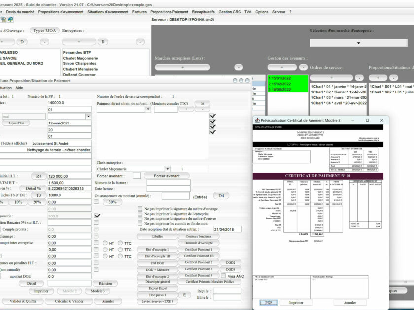 Capture du logiciel Gescant Mac et PC version 21.07 montrant l’amélioration du modèle 3 du certificat de paiement pour le suivi de chantier en maîtrise d’œuvre