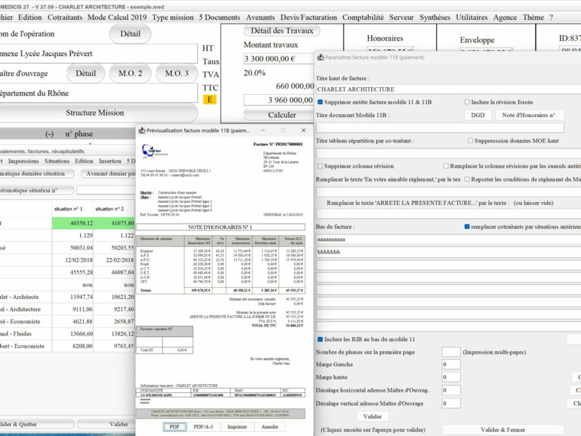Capture du logiciel Médicis Mac et PC version 27.09 montrant l’amélioration de la présentation de la partie basse dans le modèle 11B des factures pour la maîtrise d’œuvre
