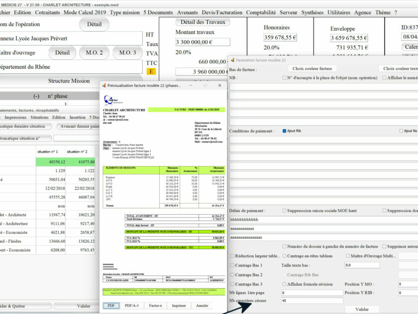 Capture du logiciel Médicis Mac et PC version 27.09 montrant l’amélioration de la présentation de la partie basse dans le modèle 11B des factures pour la maîtrise d’œuvre