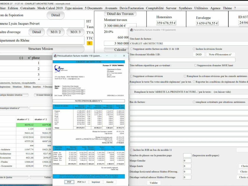 Capture du logiciel Médicis Mac et PC version 27.10 illustrant la nouvelle gestion de la couleur du bandeau haut dans le modèle 11B des factures pour la maîtrise d’œuvre