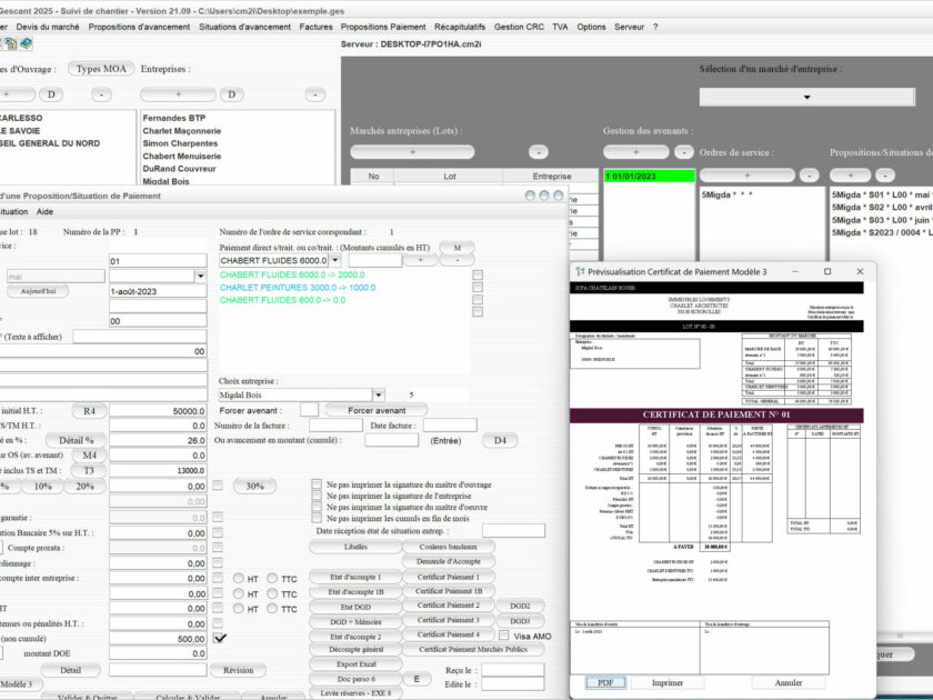 Capture du logiciel Gescant Mac et PC version 21.09 montrant la nouvelle gestion des paiements de travaux sur le certificat de paiement modèle 3 pour le suivi de chantier en maîtrise d’œuvre