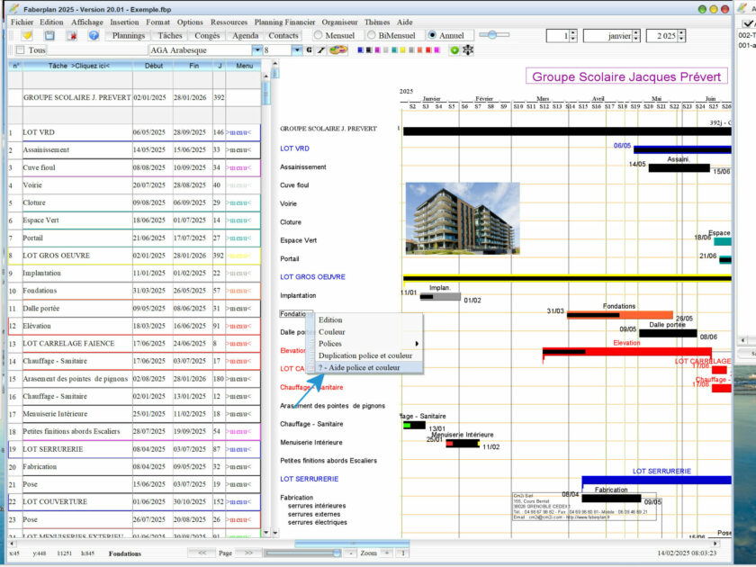 Capture du logiciel de planning de chantier et d’architecture Mac et PC version 20.01 montrant l’aide à la modification multiple des polices et des couleurs