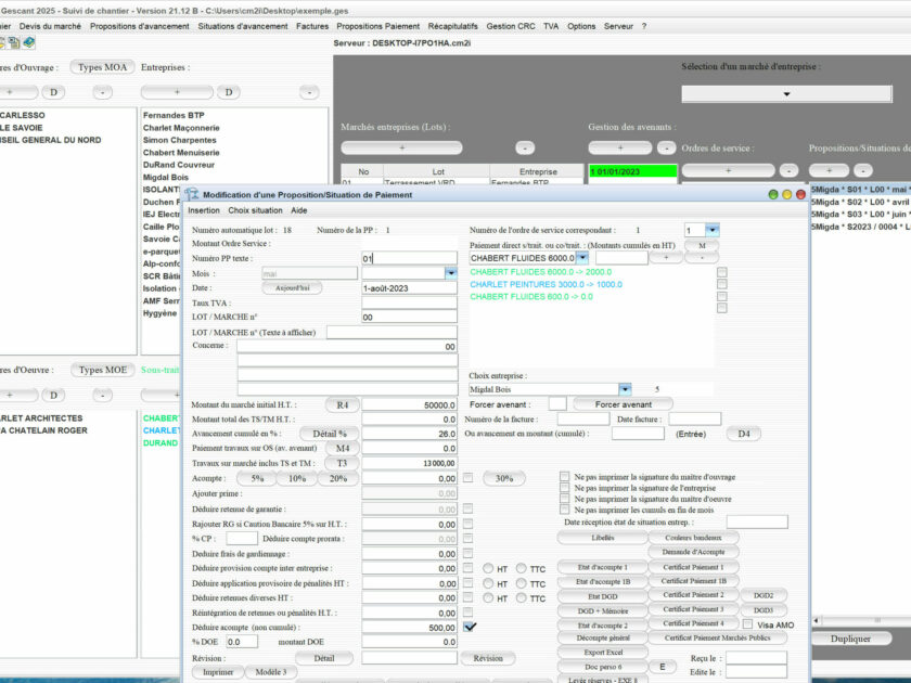 Capture du logiciel Gescant Mac et PC version 21.12 montrant l’amélioration de l’autoliquidation de la TVA pour les sous-traitants dans le suivi de chantier en maîtrise d’œuvre