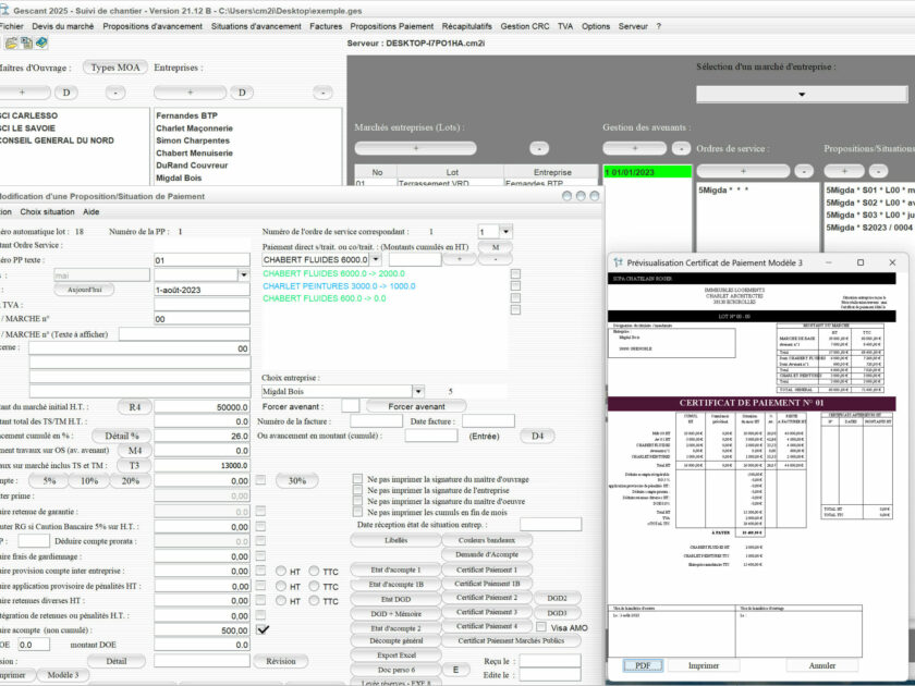 Capture du logiciel Gescant Mac et PC version 21.12 montrant l’amélioration du modèle 3 de certificat de paiement pour le suivi de chantier en maîtrise d’œuvre