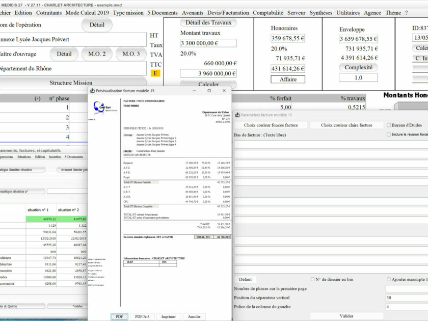 Capture du logiciel Médicis Mac et PC version 27.11 illustrant l’amélioration de l’affichage du numéro de facture dans le modèle 15 de facture cumulée pour la maîtrise d’œuvre