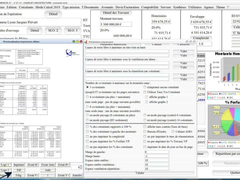 Capture du logiciel Médicis Mac et PC version 27.13 montrant le nouveau bouton PDF pour les propositions d’honoraires en maîtrise d’œuvre