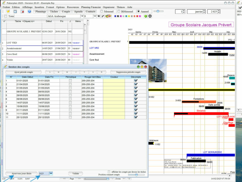 Capture du logiciel de planning de chantier et d’architecture Mac et PC version 20.01 illustrant l’intégration des nouveaux jours fériés pour l’année 2025
