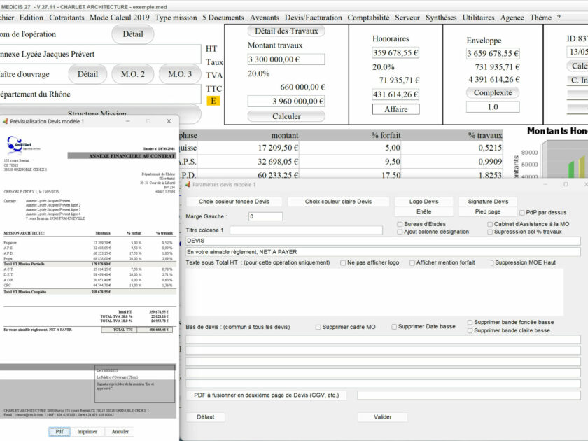 Capture du logiciel Médicis Mac et PC version 27.11 montrant la nouvelle gestion de la multi-TVA dans le modèle 1 des devis pour la maîtrise d’œuvre
