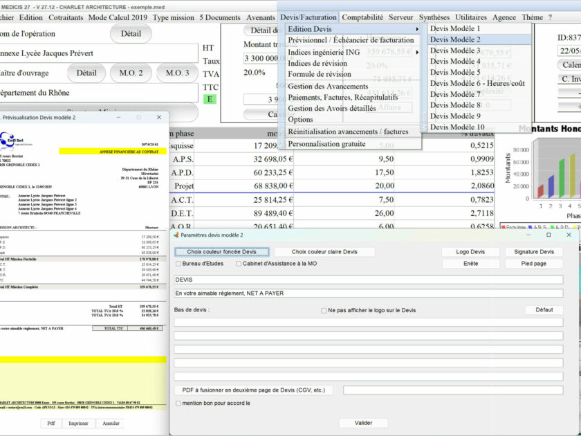 Capture du logiciel Médicis Mac et PC version 27.12 montrant la nouvelle gestion de la multi-TVA dans le modèle 2 des devis pour la maîtrise d’œuvre