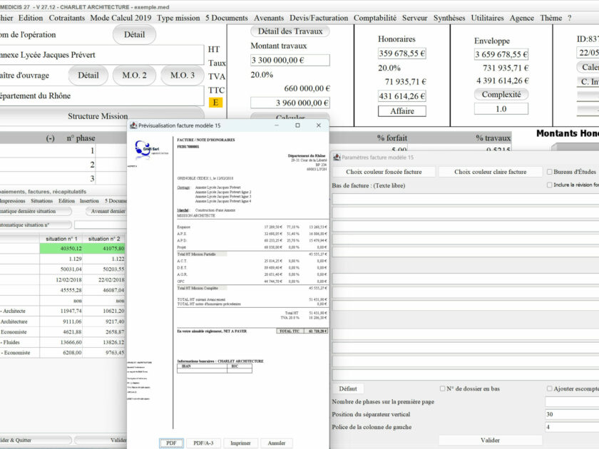 Capture du logiciel Médicis Mac et PC version 27.12 montrant la nouvelle numérotation des PDF dans le modèle 15 des factures pour la maîtrise d’œuvre