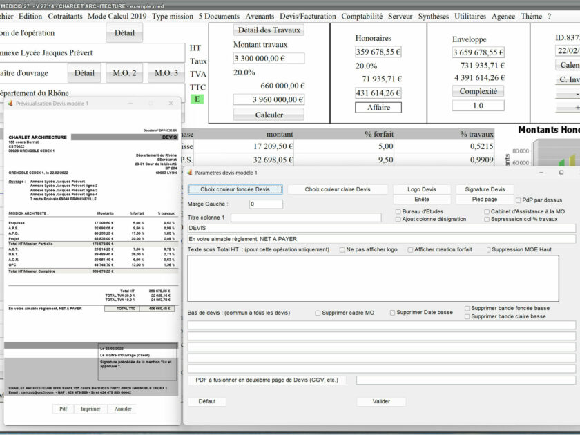 Capture du logiciel Médicis Mac et PC version 27.14 illustrant l’amélioration de la gestion des descriptions dans le modèle 1 des devis pour la maîtrise d’œuvre