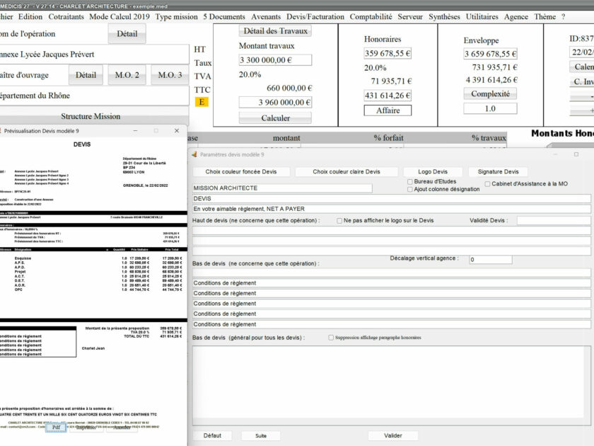 Capture du logiciel Médicis Mac et PC version 27.14 illustrant les améliorations de la gestion des descriptions dans le modèle 9 des devis pour la maîtrise d’œuvre