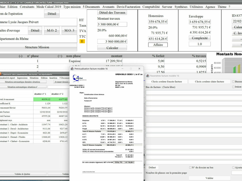 Capture du logiciel Médicis Mac et PC version 27.14 montrant les améliorations du modèle 16 des factures pour la maîtrise d’œuvre