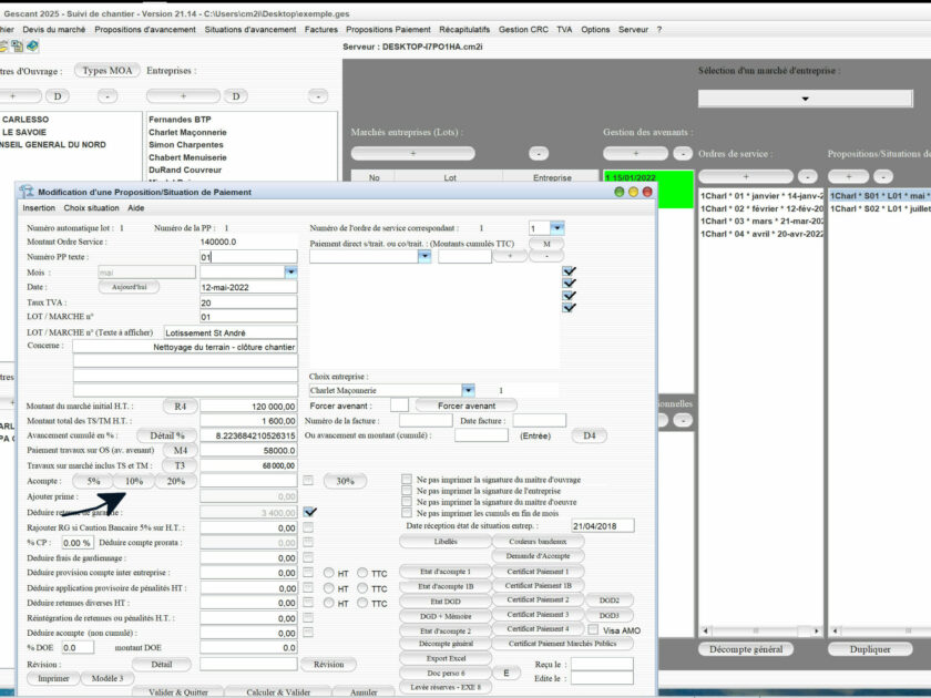 Capture du logiciel Gescant Mac et PC version 21.14 montrant l’amélioration de la gestion des acomptes dans les situations de démarrage des travaux pour le suivi de chantier en maîtrise d’œuvre