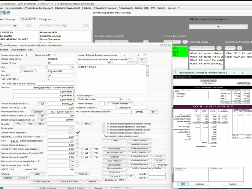Capture du logiciel Gescant Mac et PC version 21.14 illustrant l’amélioration du modèle 3 de certificat de paiement dans les situations pour le suivi de chantier en maîtrise d’œuvre